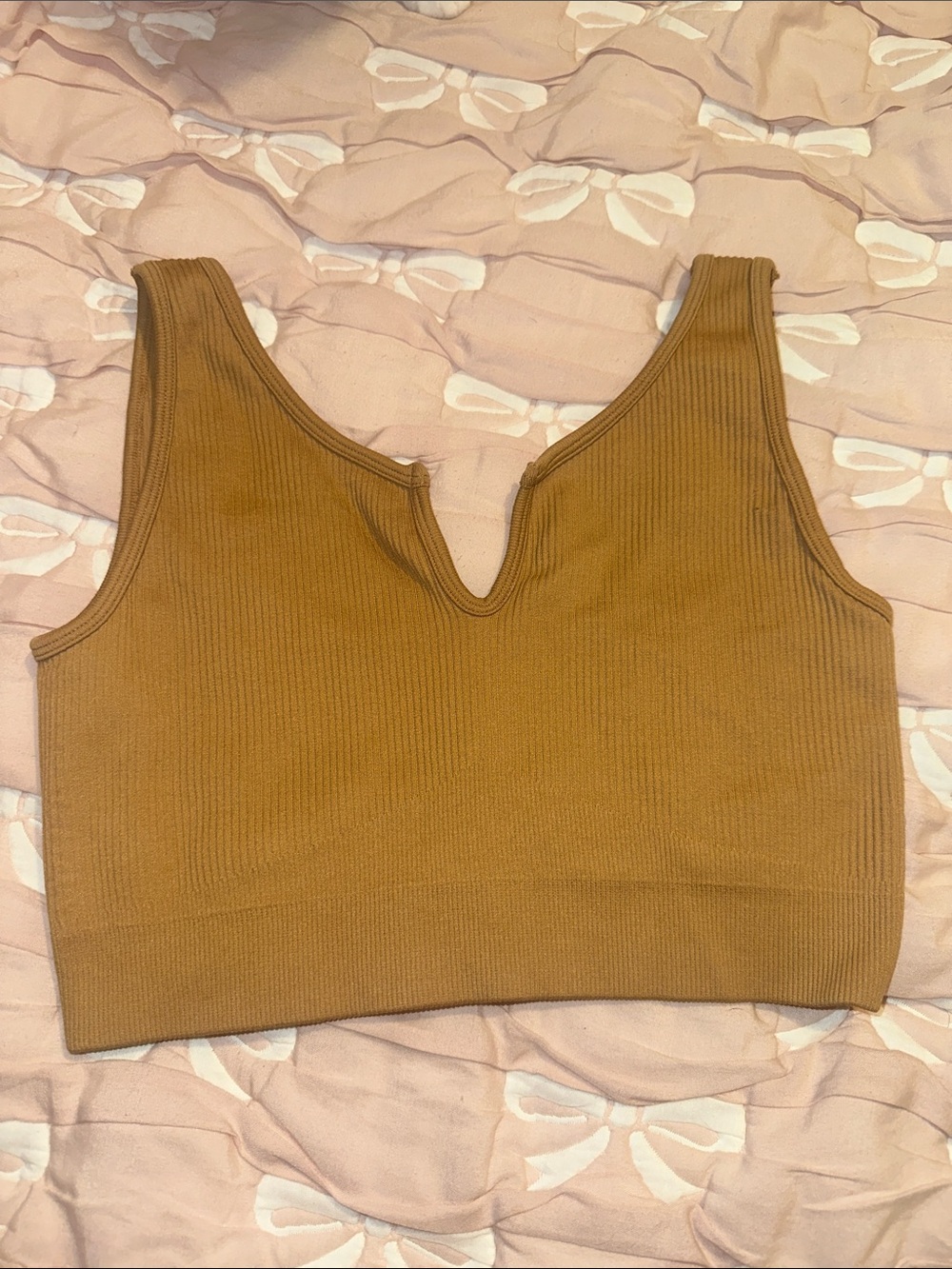 Source Unknown Ribbed V-Notch Crop Top in Camel
